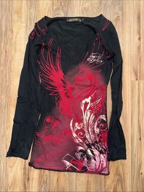 Ed HardyBlack Long Sleeve V-Neck Tee with Red & Pink Graphic on front and back